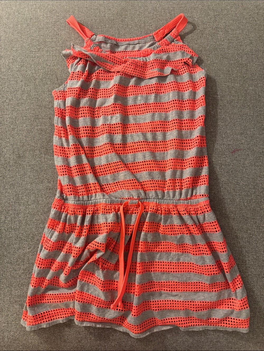 5/$15- Striped Crochet Overlay Sundress in Gray and Neon Coral